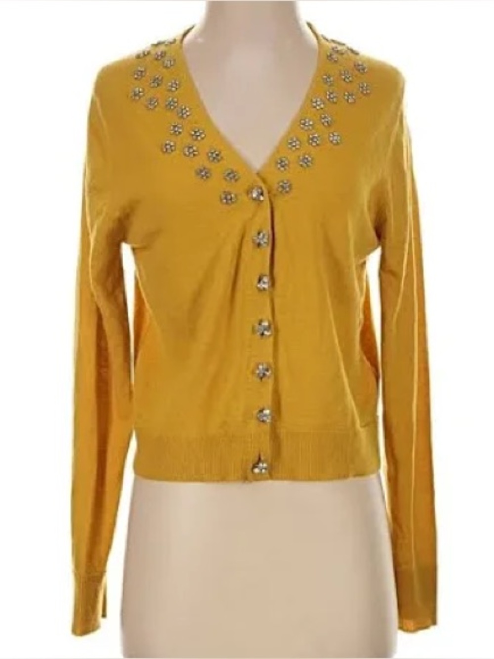 Zara Mustard Yellow Embellished V-Neck Cardigan size small